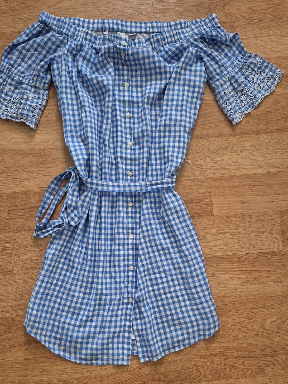 Old Navy Blue and White Gingham Off-Shoulder Dress